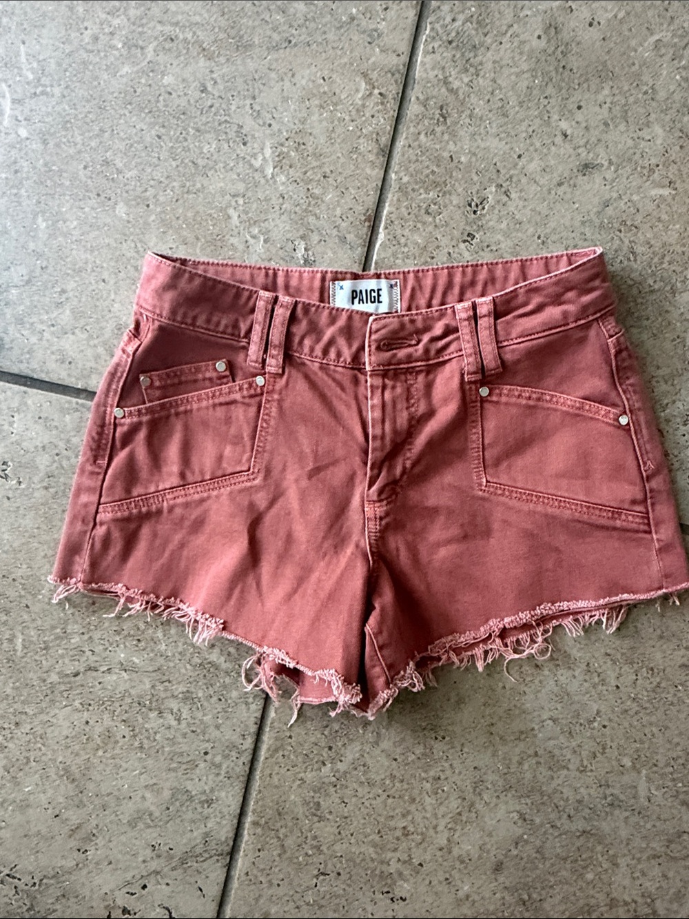 PAIGE Rose Rust Frayed Hem Denim Shorts
